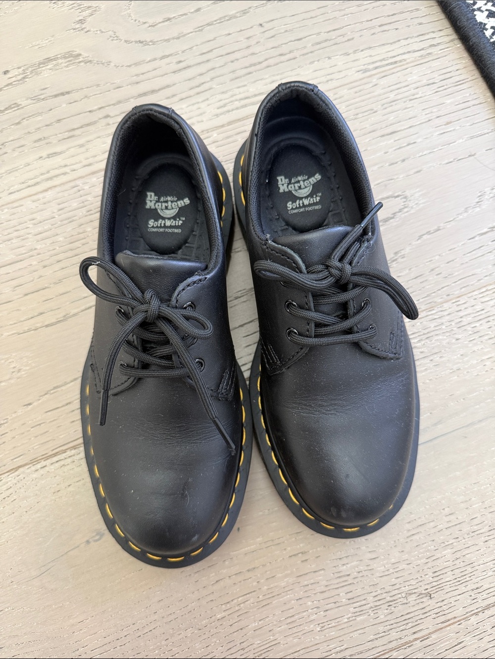 Dr. Martens Black Leather 3-Eye Oxford with Yellow Welt Stitching